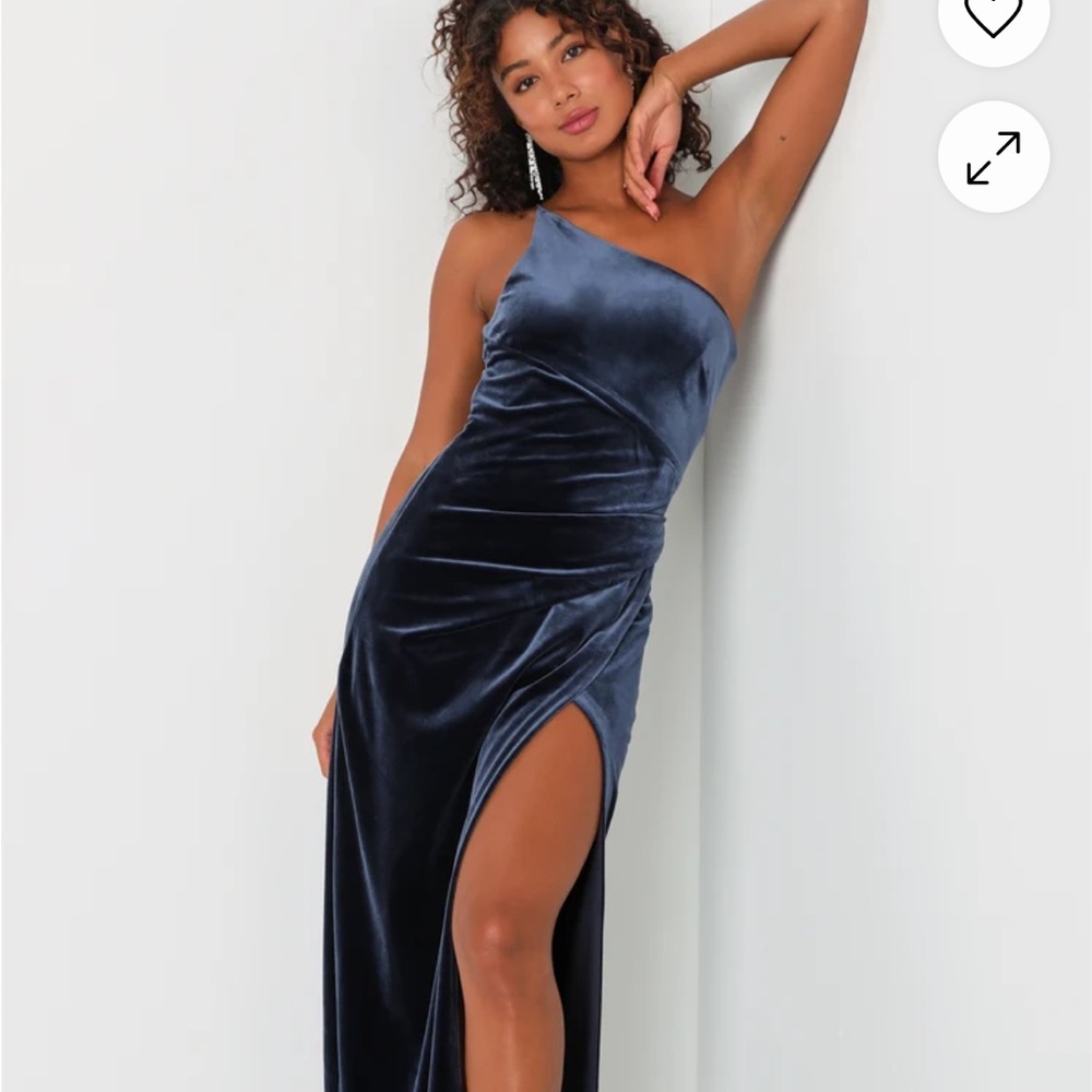 Lulus Elegant Era Dark Slate Blue Velvet One-Shoulder Maxi Dress